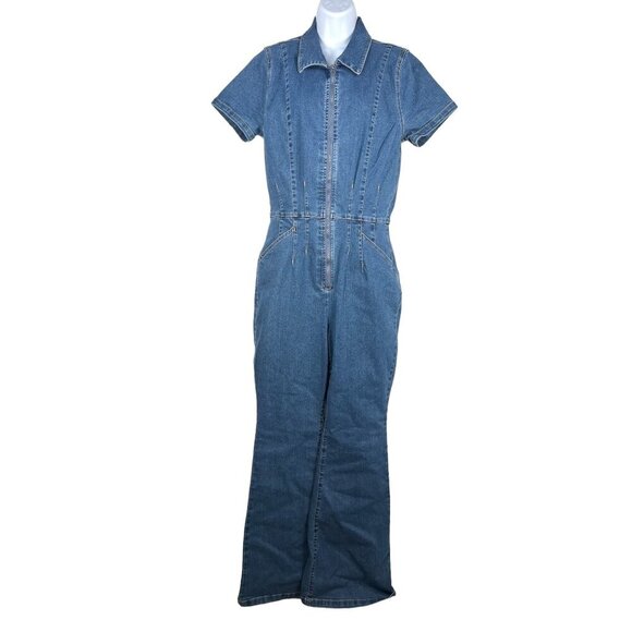 Girlish flare denim zip up jumpsuit high waist 90s Y2K sz L - Picture 1 of 10